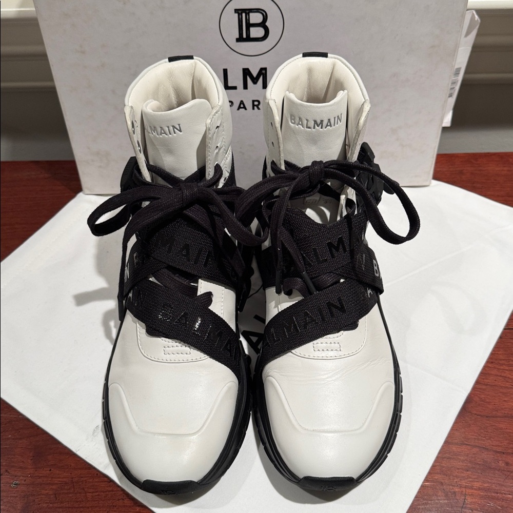 BALMAIN PARIS B TROOP HI-TOP SNEAKERS IN WHITE LEATHER W/BLACK LACES STRAPS EU40 - Picture 11 of 15